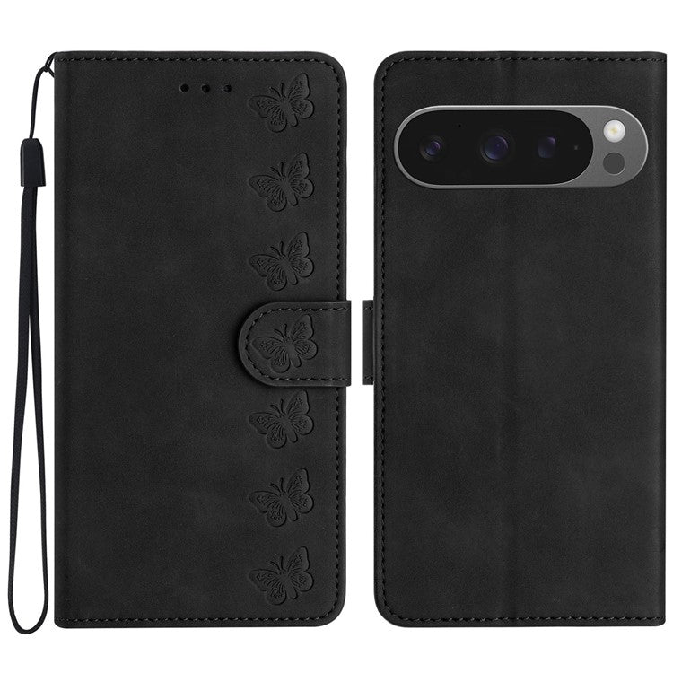 For Google Pixel 9 Pro XL Case Imprinted Butterfly Leather Wallet Phone Cover - Black