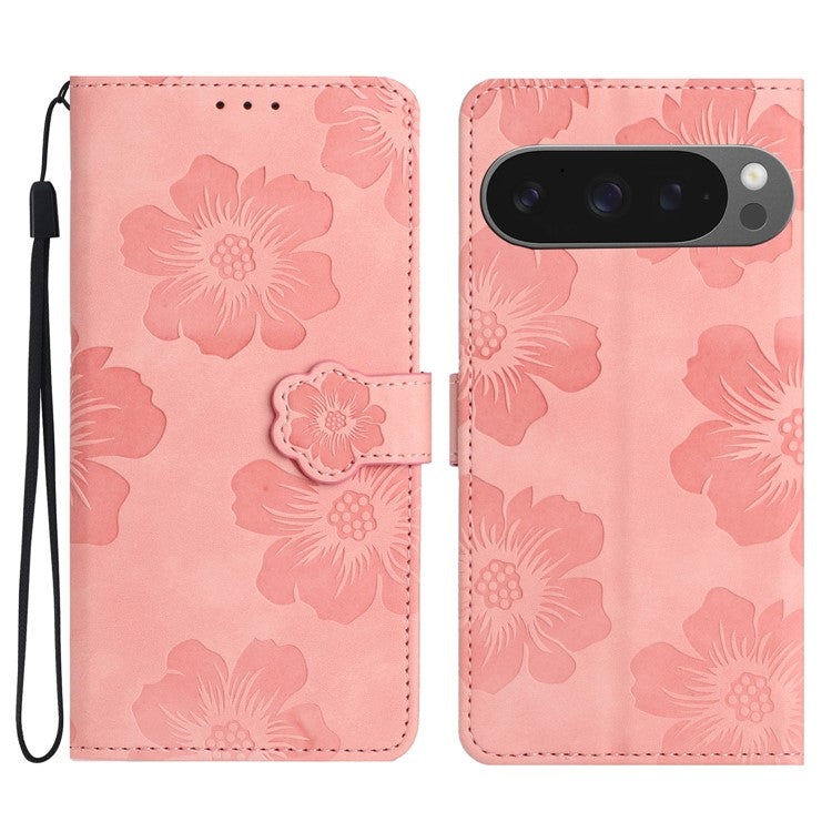 For Google Pixel 9 Pro XL Case Flower Design Leather Wallet Phone Cover with Wrist Strap - Pink