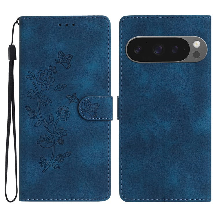 For Google Pixel 9 Pro XL Case Leather Imprinted Flower Phone Cover Wallet with Wrist Strap - Blue