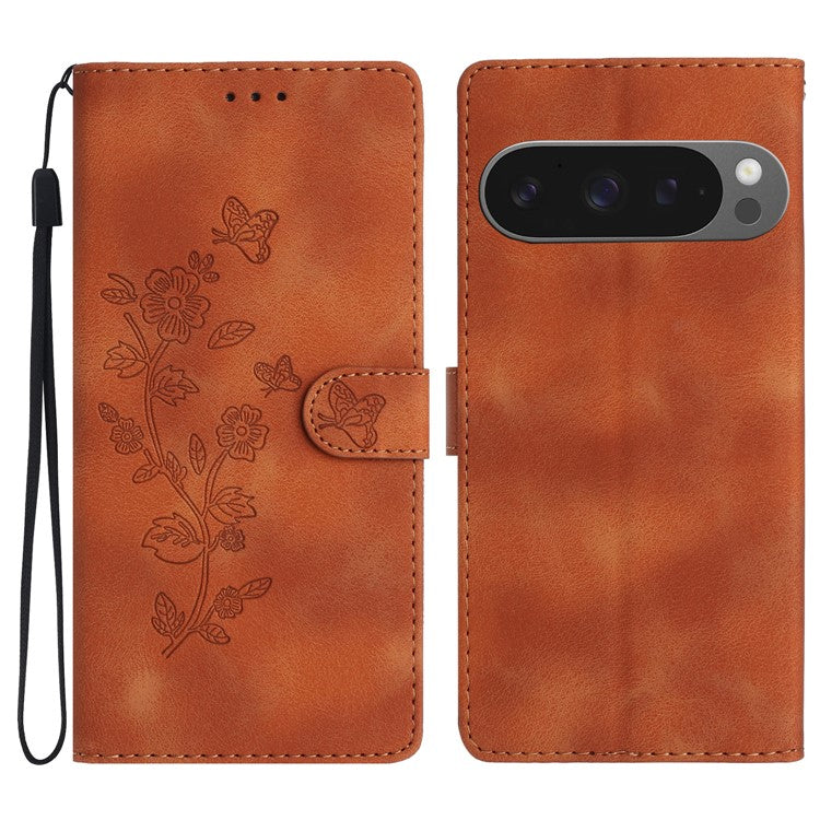 For Google Pixel 9 Pro XL Case Leather Imprinted Flower Phone Cover Wallet with Wrist Strap - Brown