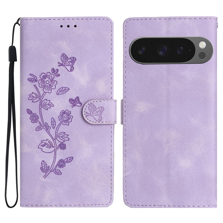 For Google Pixel 9 Pro XL Case Leather Imprinted Flower Phone Cover Wallet with Wrist Strap - Purple