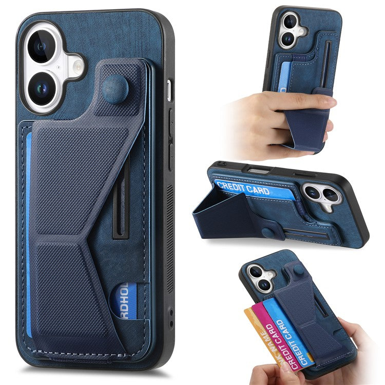 For iPhone 16 Plus Case Retro Leather Back Cover Card Slot Side Kickstand - Blue