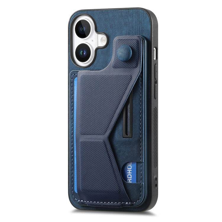 For iPhone 16 Plus Case Retro Leather Back Cover Card Slot Side Kickstand - Blue