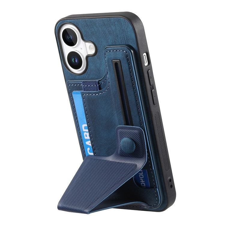 For iPhone 16 Plus Case Retro Leather Back Cover Card Slot Side Kickstand - Blue