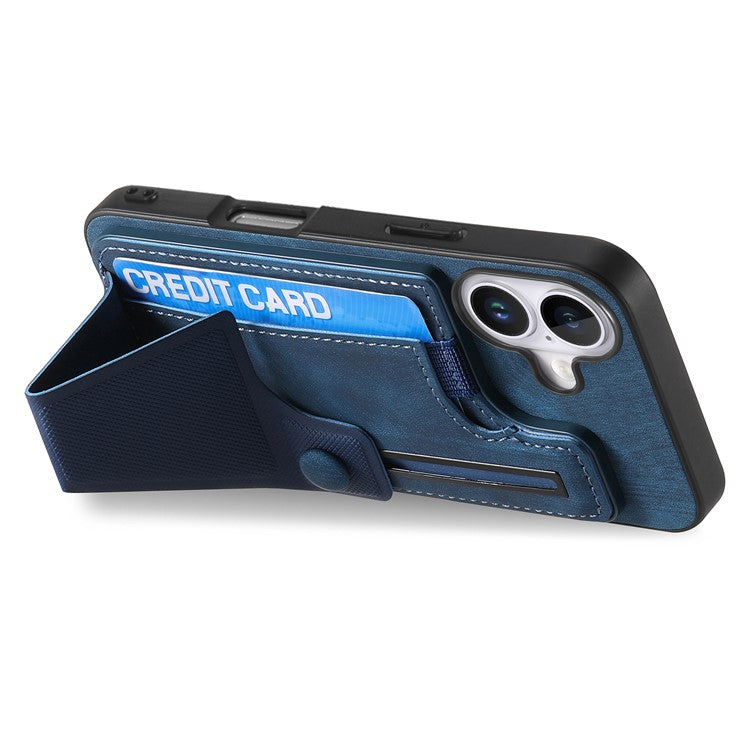 For iPhone 16 Plus Case Retro Leather Back Cover Card Slot Side Kickstand - Blue
