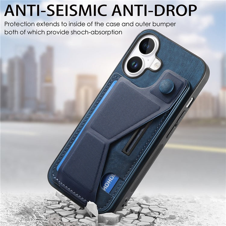 For iPhone 16 Plus Case Retro Leather Back Cover Card Slot Side Kickstand - Blue