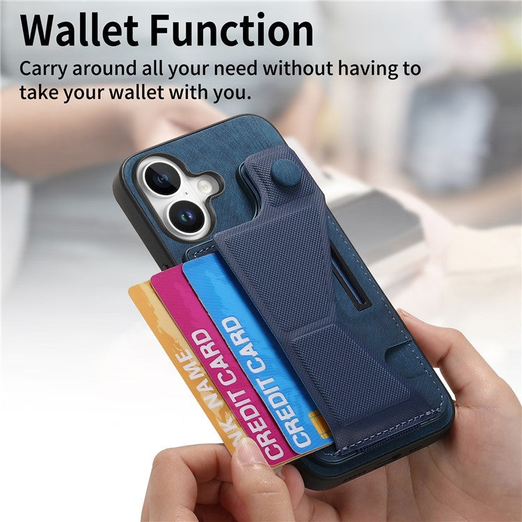 For iPhone 16 Plus Case Retro Leather Back Cover Card Slot Side Kickstand - Blue