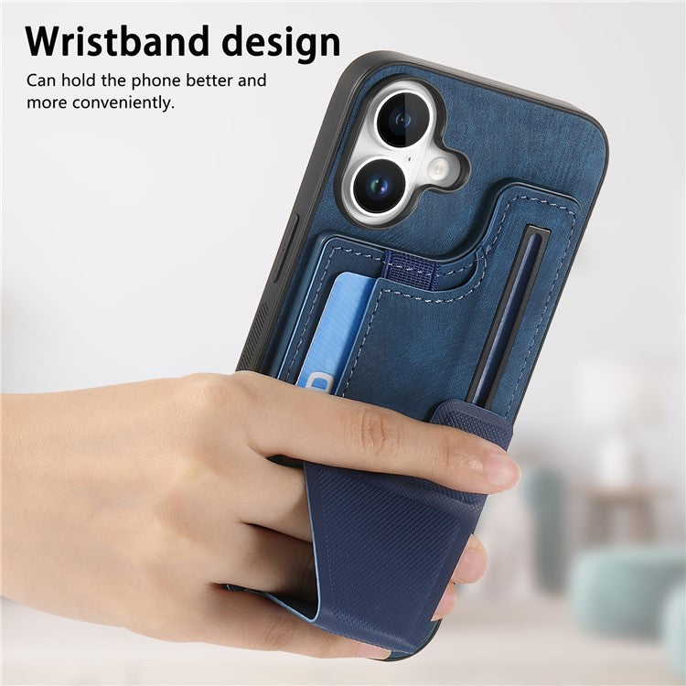 For iPhone 16 Plus Case Retro Leather Back Cover Card Slot Side Kickstand - Blue