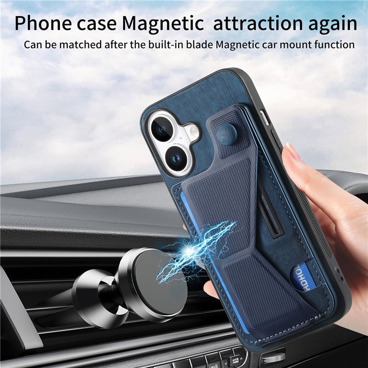For iPhone 16 Plus Case Retro Leather Back Cover Card Slot Side Kickstand - Blue