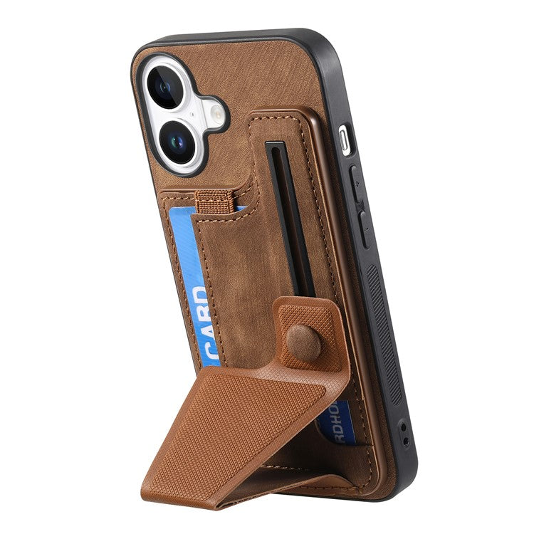 For iPhone 16 Plus Case Retro Leather Back Cover Card Slot Side Kickstand - Brown