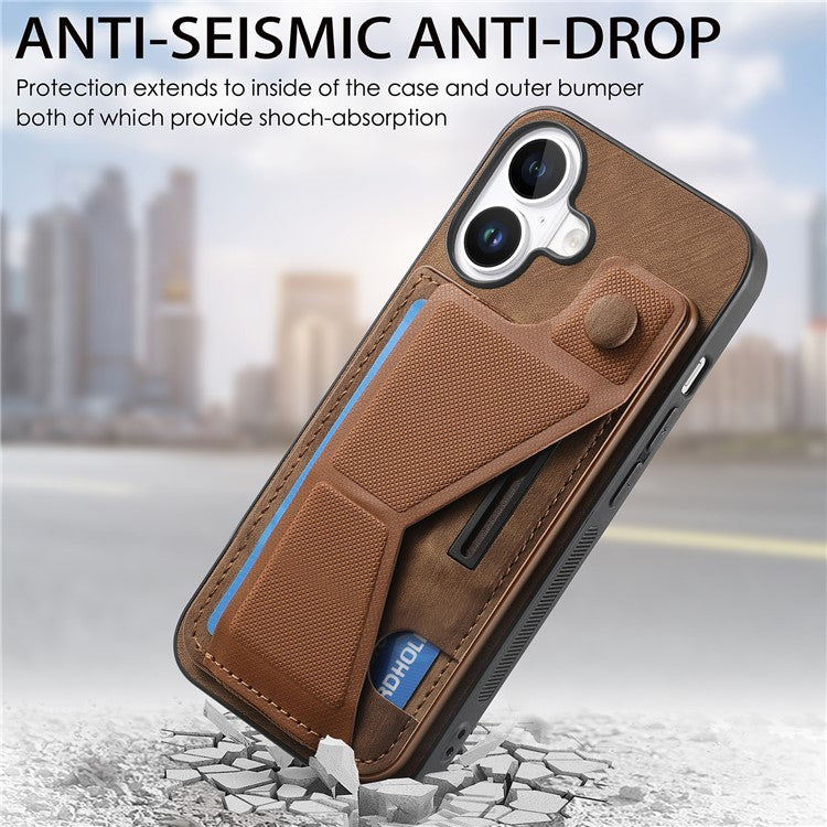 For iPhone 16 Plus Case Retro Leather Back Cover Card Slot Side Kickstand - Brown