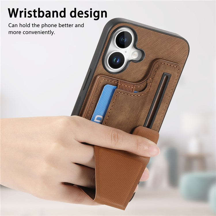For iPhone 16 Plus Case Retro Leather Back Cover Card Slot Side Kickstand - Brown
