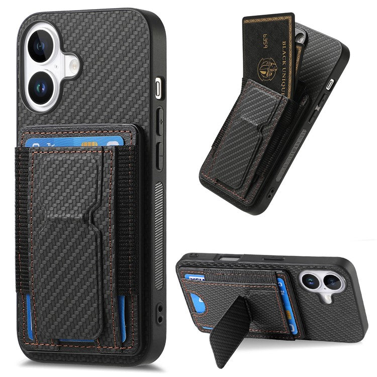 For iPhone 16 Case Kickstand Card Holder Leather Back Cover - Black
