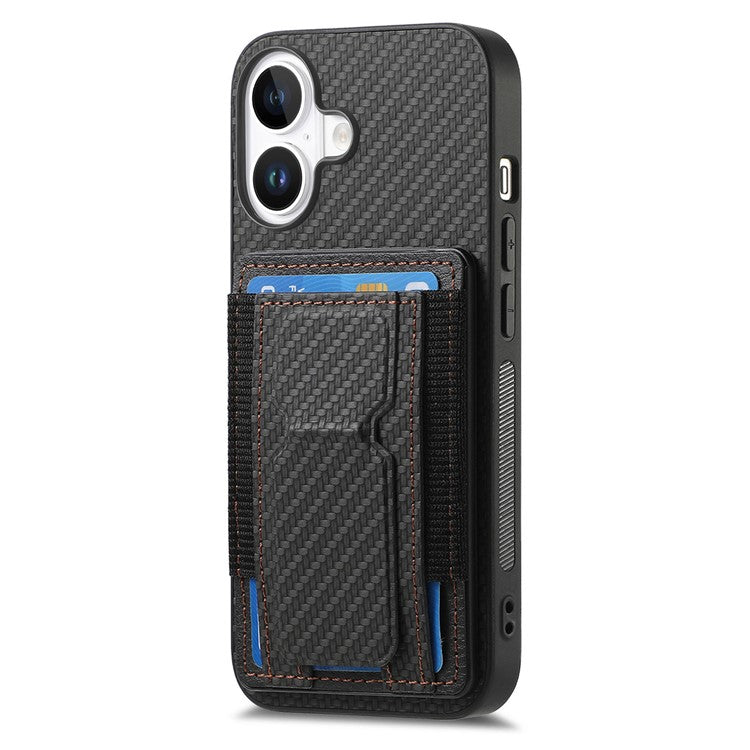 For iPhone 16 Case Kickstand Card Holder Leather Back Cover - Black