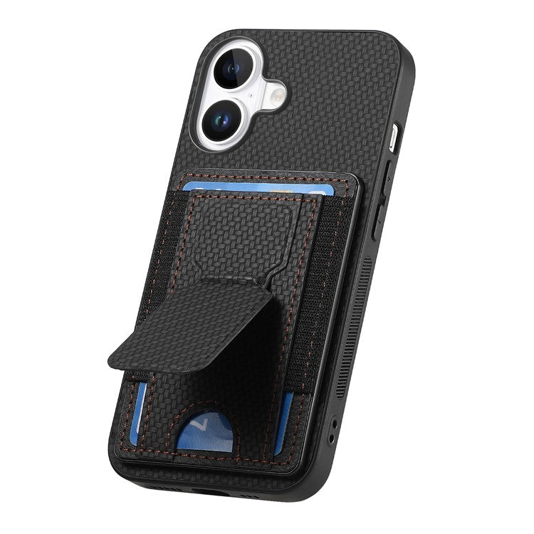 For iPhone 16 Case Kickstand Card Holder Leather Back Cover - Black