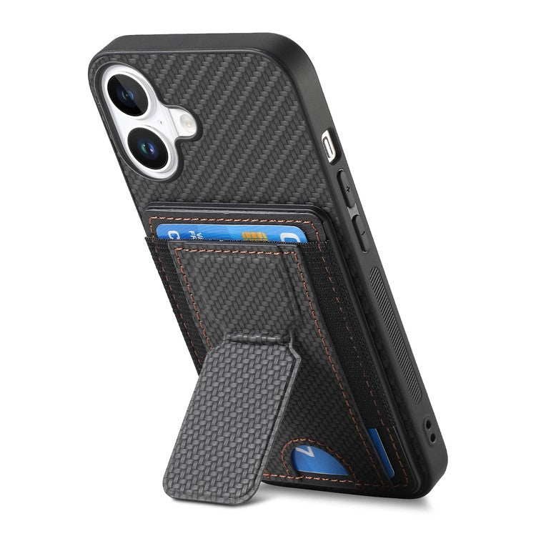 For iPhone 16 Case Kickstand Card Holder Leather Back Cover - Black