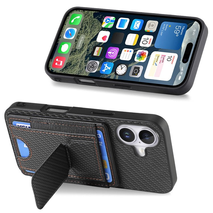 For iPhone 16 Case Kickstand Card Holder Leather Back Cover - Black