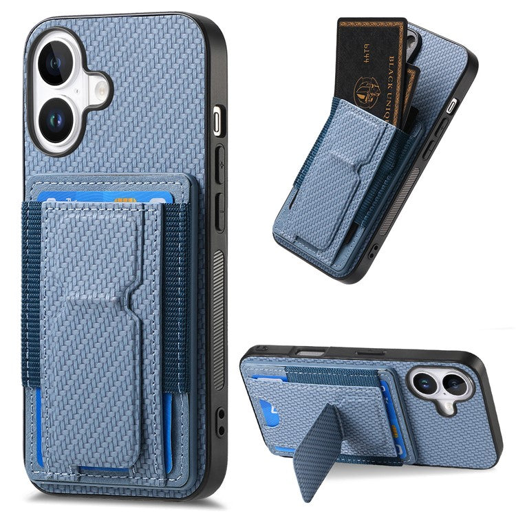 For iPhone 16 Case Kickstand Card Holder Leather Back Cover - Blue