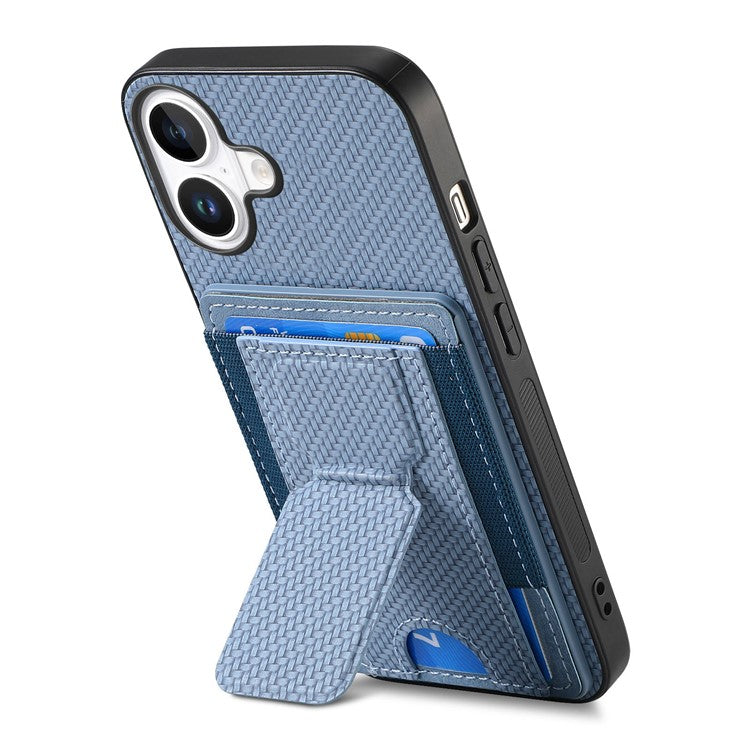 For iPhone 16 Case Kickstand Card Holder Leather Back Cover - Blue