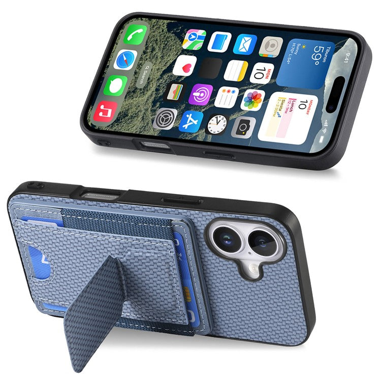 For iPhone 16 Case Kickstand Card Holder Leather Back Cover - Blue