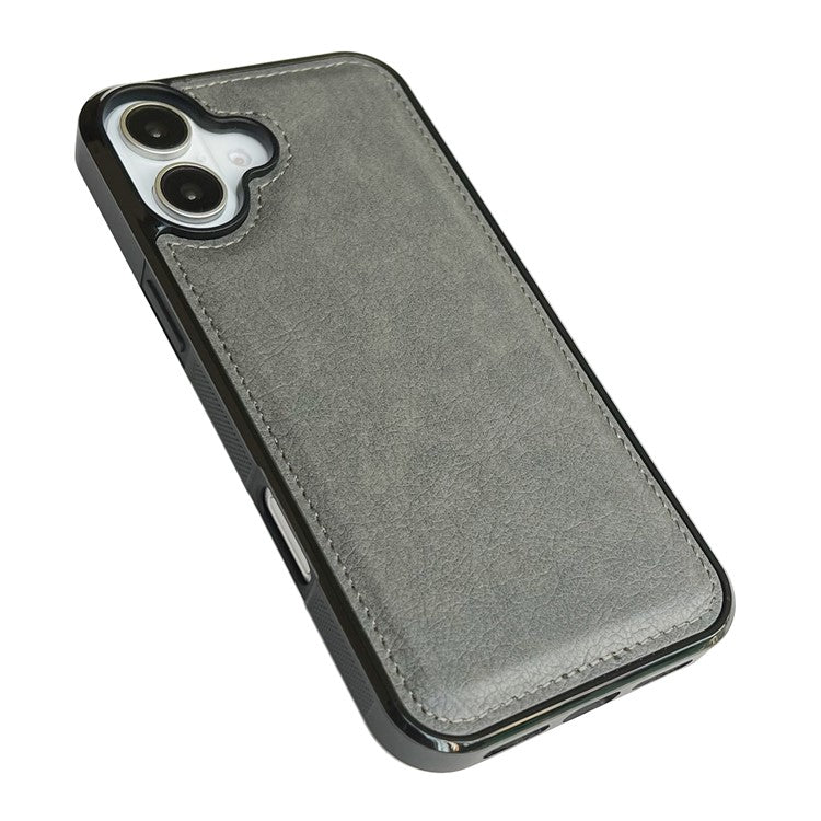 For iPhone 16 Plus Case Calf Texture PU Leather Anti-Fingerprint Back Phone Cover - Grey