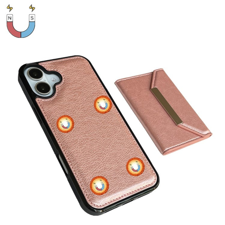 For iPhone 16 Case Card Bag Kickstand TPU+PU Phone Cover - Rose Gold