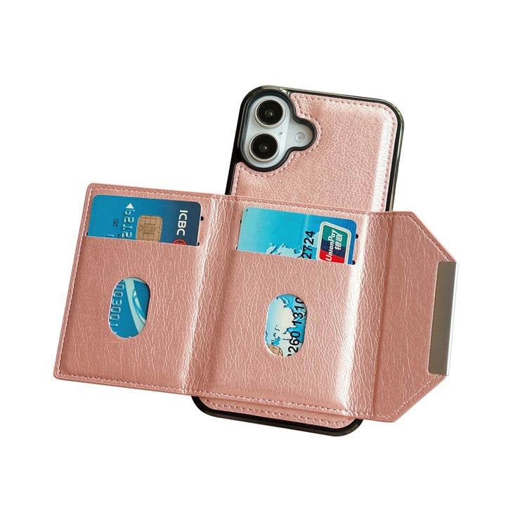 For iPhone 16 Case Card Bag Kickstand TPU+PU Phone Cover - Rose Gold