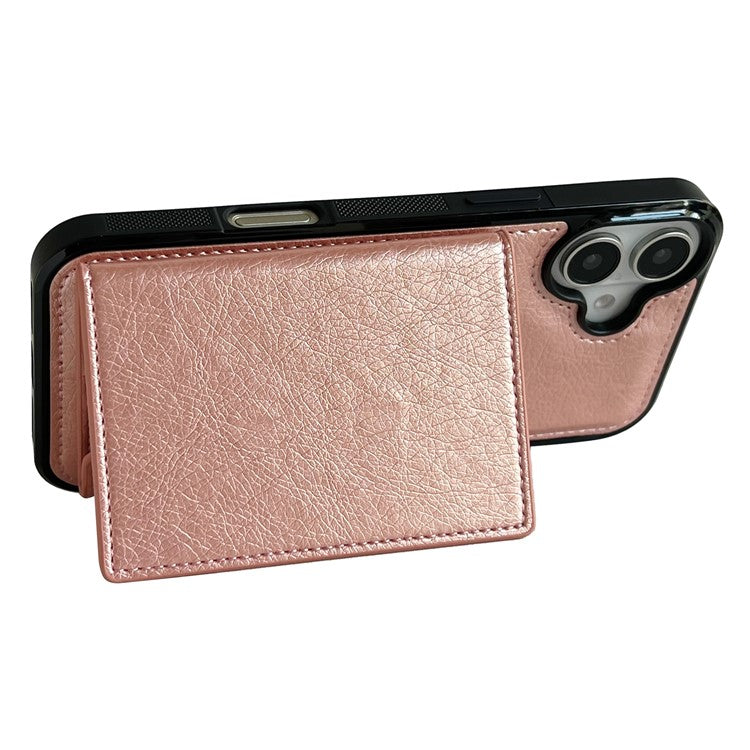 For iPhone 16 Case Card Bag Kickstand TPU+PU Phone Cover - Rose Gold