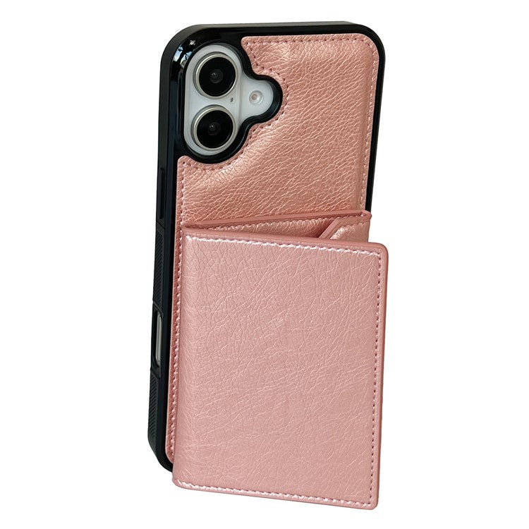 For iPhone 16 Case Card Bag Kickstand TPU+PU Phone Cover - Rose Gold