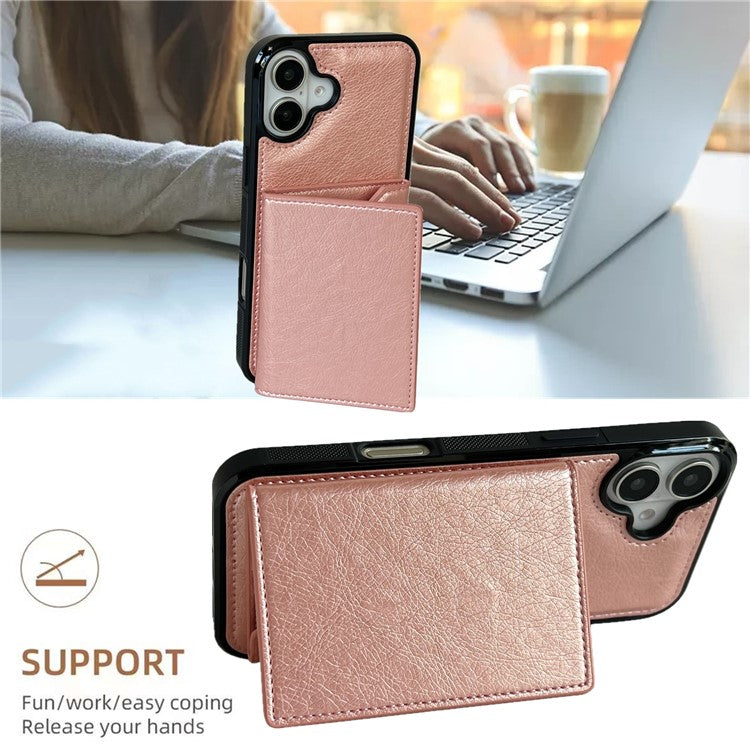 For iPhone 16 Case Card Bag Kickstand TPU+PU Phone Cover - Rose Gold