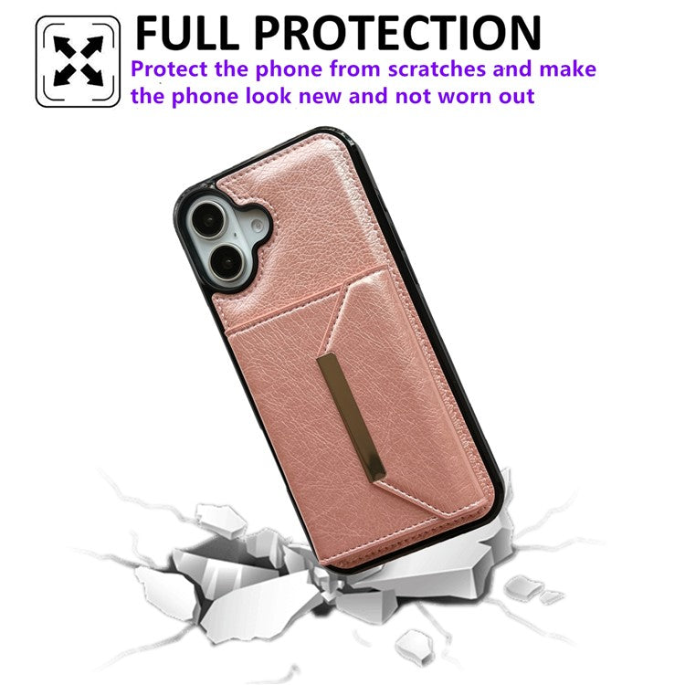 For iPhone 16 Case Card Bag Kickstand TPU+PU Phone Cover - Rose Gold