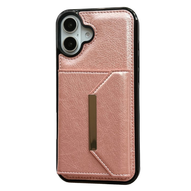 For iPhone 16 Case Card Bag Kickstand TPU+PU Phone Cover - Rose Gold