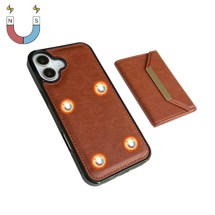 For iPhone 16 Case Card Bag Kickstand TPU+PU Phone Cover - Brown