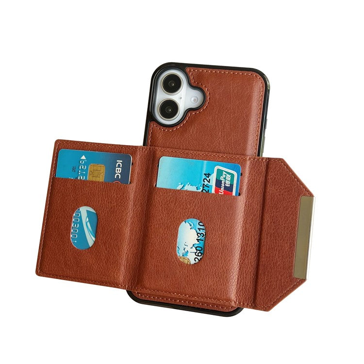 For iPhone 16 Case Card Bag Kickstand TPU+PU Phone Cover - Brown