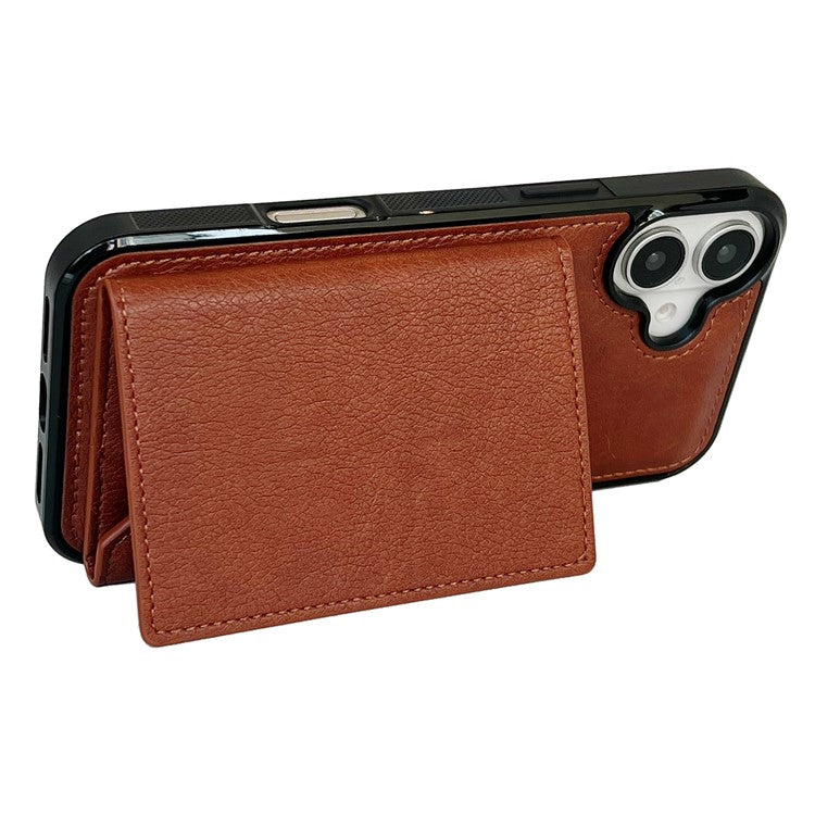 For iPhone 16 Case Card Bag Kickstand TPU+PU Phone Cover - Brown