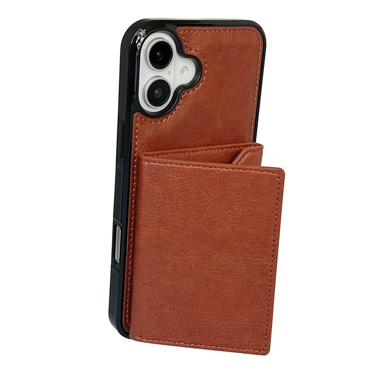 For iPhone 16 Case Card Bag Kickstand TPU+PU Phone Cover - Brown