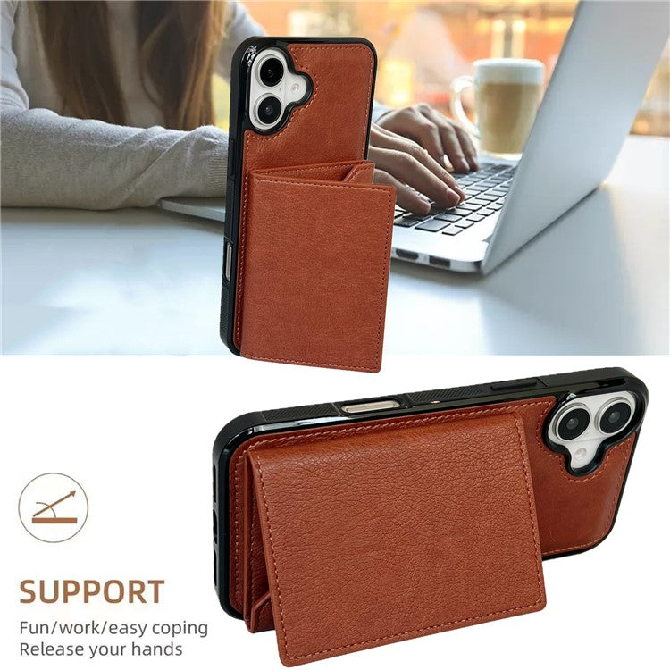 For iPhone 16 Case Card Bag Kickstand TPU+PU Phone Cover - Brown