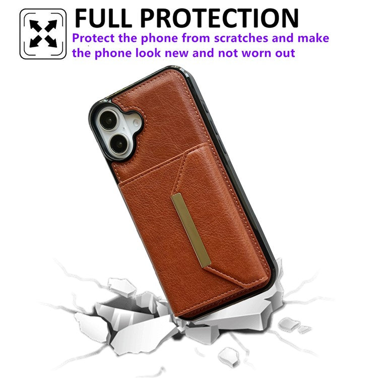 For iPhone 16 Case Card Bag Kickstand TPU+PU Phone Cover - Brown