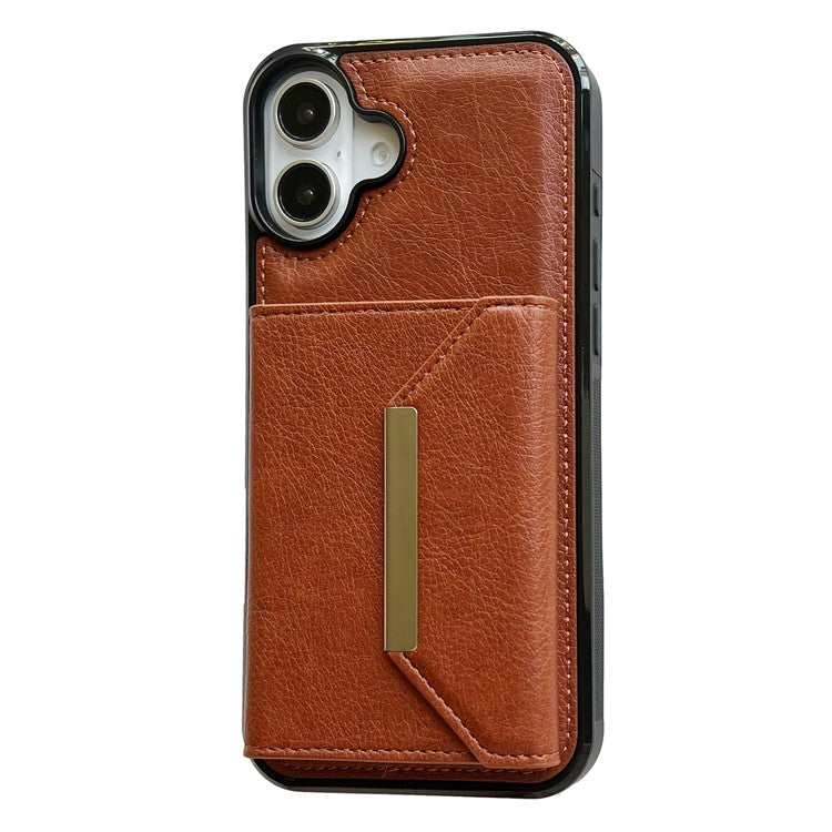 For iPhone 16 Case Card Bag Kickstand TPU+PU Phone Cover - Brown