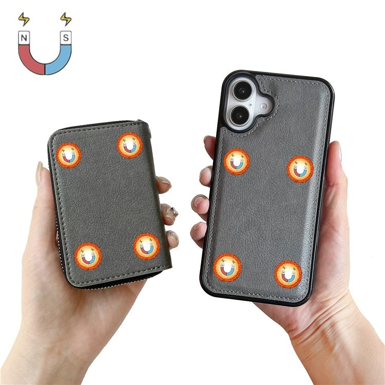 For iPhone 16 Case Detachable Zipper Card Bag PU+TPU Kickstand Phone Case with Strap - Grey