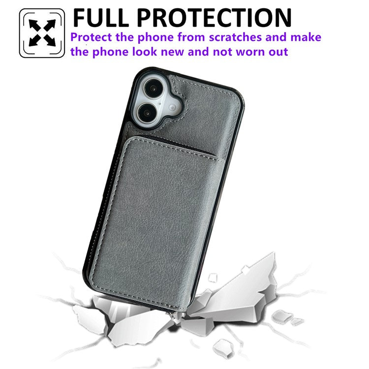 For iPhone 16 Case Detachable Zipper Card Bag PU+TPU Kickstand Phone Case with Strap - Grey