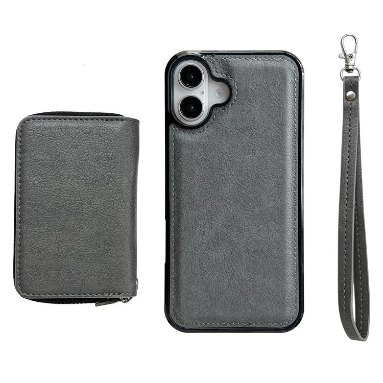 For iPhone 16 Case Detachable Zipper Card Bag PU+TPU Kickstand Phone Case with Strap - Grey