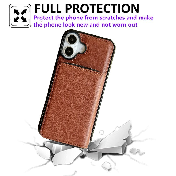 For iPhone 16 Case Detachable Zipper Card Bag PU+TPU Kickstand Phone Case with Strap - Brown