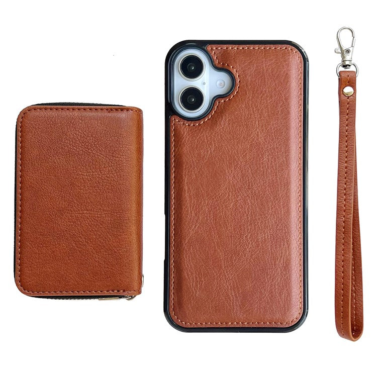 For iPhone 16 Case Detachable Zipper Card Bag PU+TPU Kickstand Phone Case with Strap - Brown