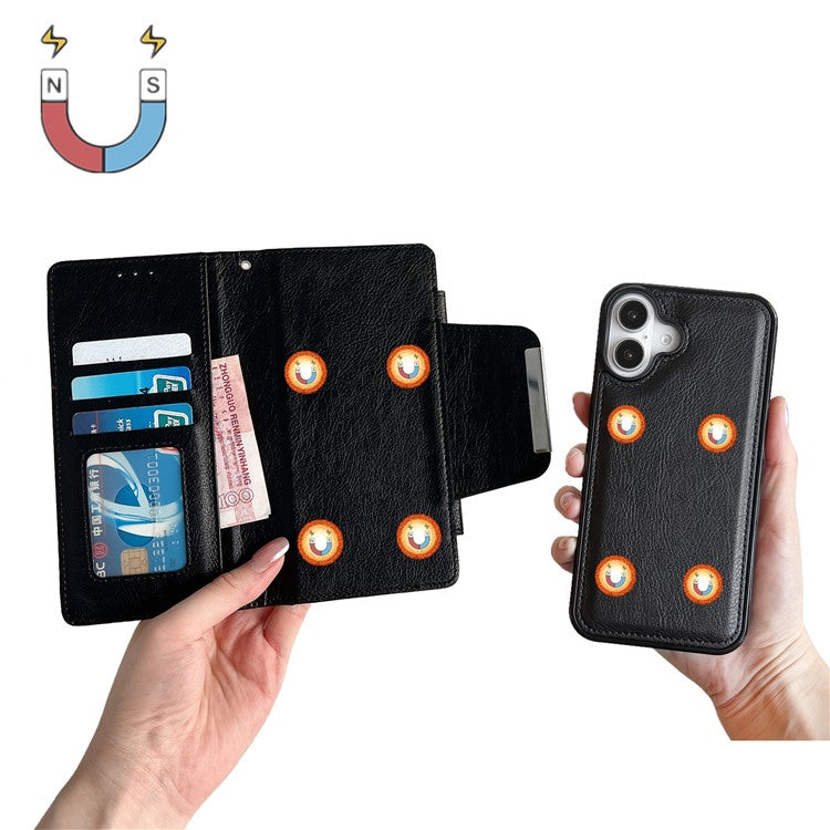 For iPhone 16 Case Detachable 2-in-1 Magnetic Closure PU Leather Wallet Phone Case - Black