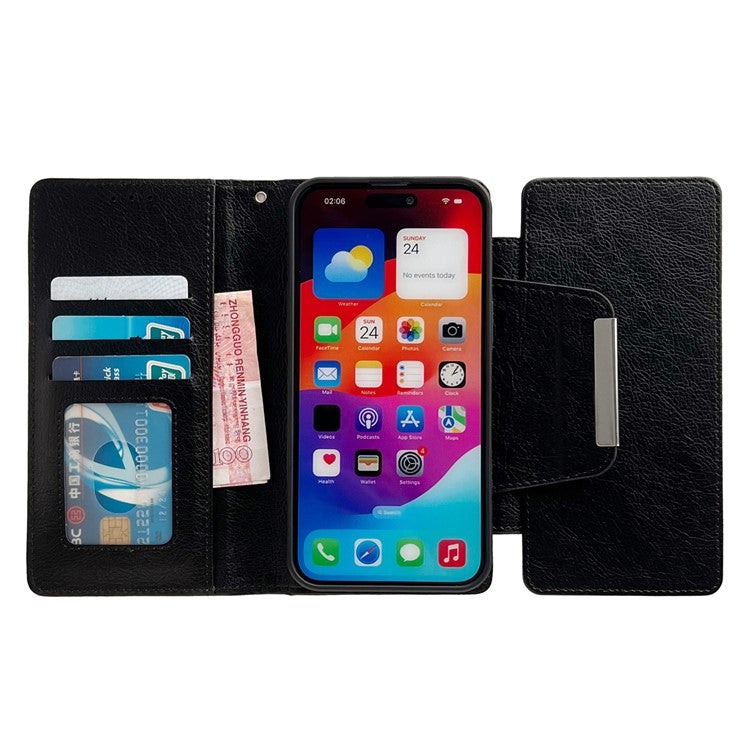 For iPhone 16 Case Detachable 2-in-1 Magnetic Closure PU Leather Wallet Phone Case - Black