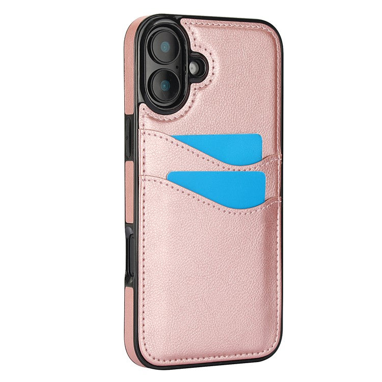 For iPhone 16 Case Card Slot Slim-Fit PU+TPU Mobile Cover - Rose Gold