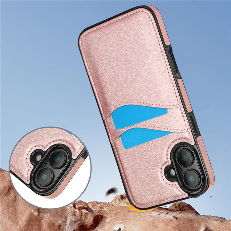 For iPhone 16 Case Card Slot Slim-Fit PU+TPU Mobile Cover - Rose Gold
