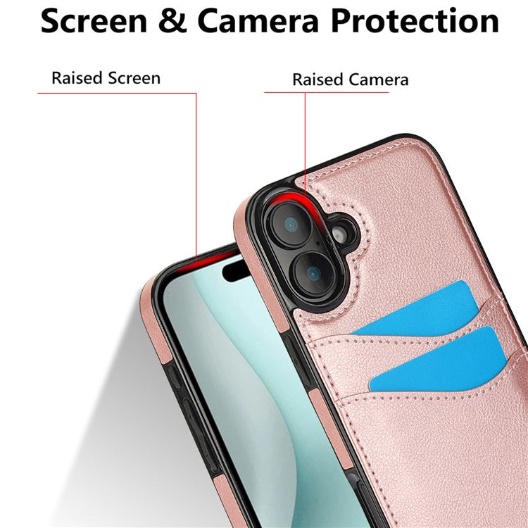 For iPhone 16 Case Card Slot Slim-Fit PU+TPU Mobile Cover - Rose Gold