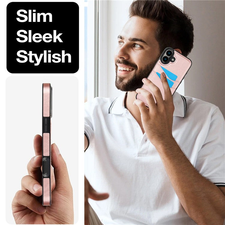 For iPhone 16 Case Card Slot Slim-Fit PU+TPU Mobile Cover - Rose Gold